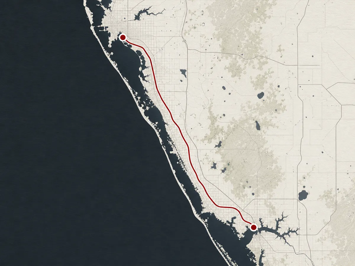 map of Concrete Decor Pros service route from Sarasota to Port Charlotte, Florida