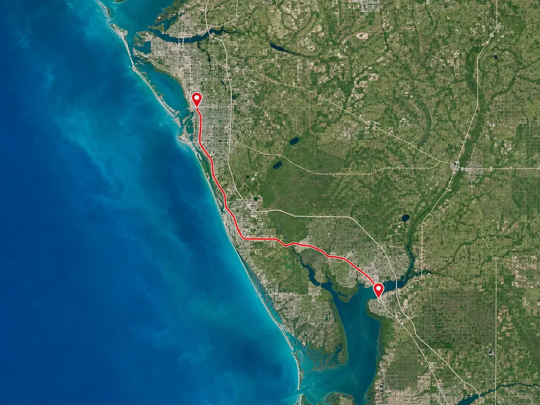 map of Concrete Decor Pros service route from Sarasota to Punta Gorda, Florida
