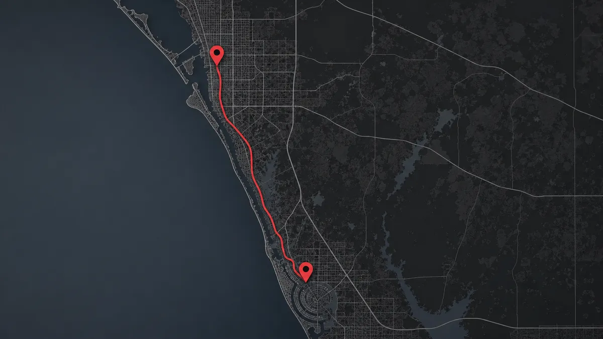 map of Concrete Decor Pros service route from Sarasota to Rotonda West, Florida