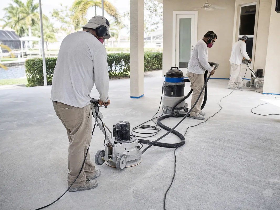Concrete Decor Pros crew working on decorative concrete for a Ruskin, Florida homeowner