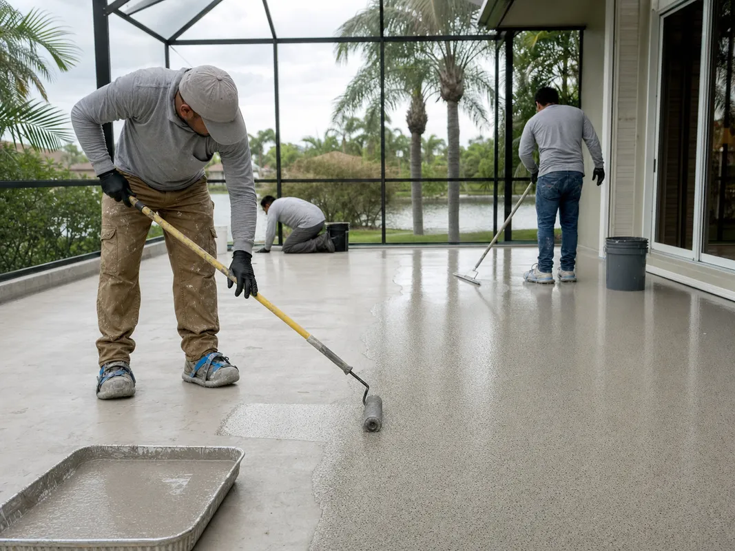 Concrete Decor Pros crew working on decorative concrete for a Sarasota, Florida homeowner