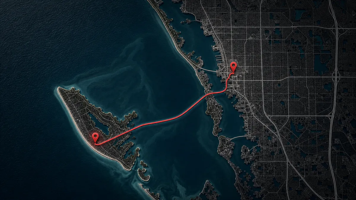 map of Concrete Decor Pros service route from Sarasota to Siesta Key, Florida