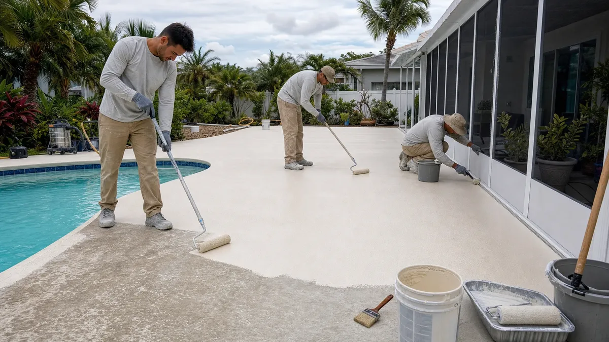 Concrete Decor Pros crew working on decorative concrete for a Siesta Key, Florida homeowner