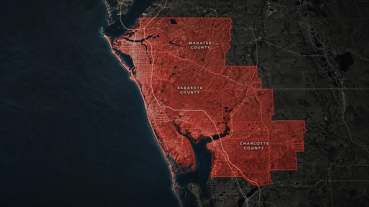 Concrete Decor Pros service area map across Sarasota, Bradenton, Venice, and Southwest Florida