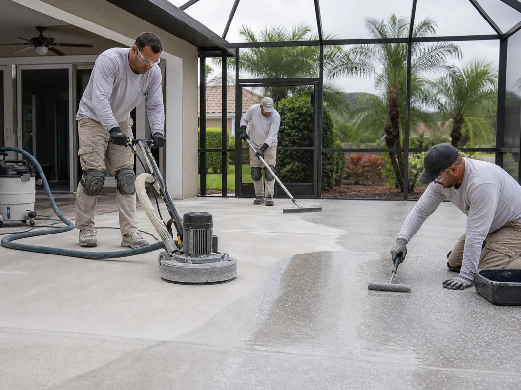 Concrete Decor Pros crew working on decorative concrete for a Sun City Center, Florida homeowner