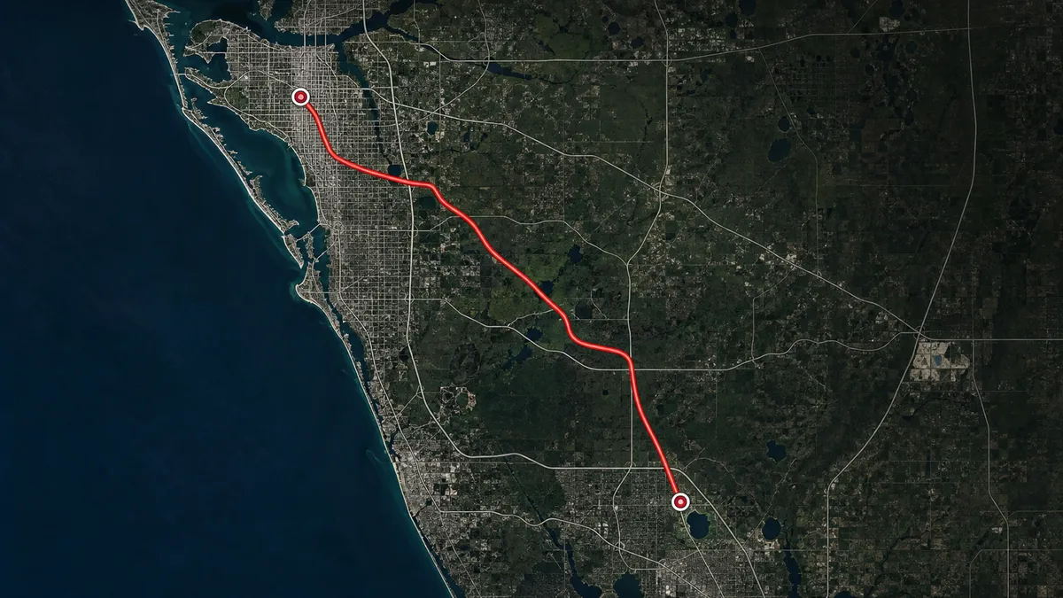 map of Concrete Decor Pros service route from Sarasota to Sun City Center, Florida