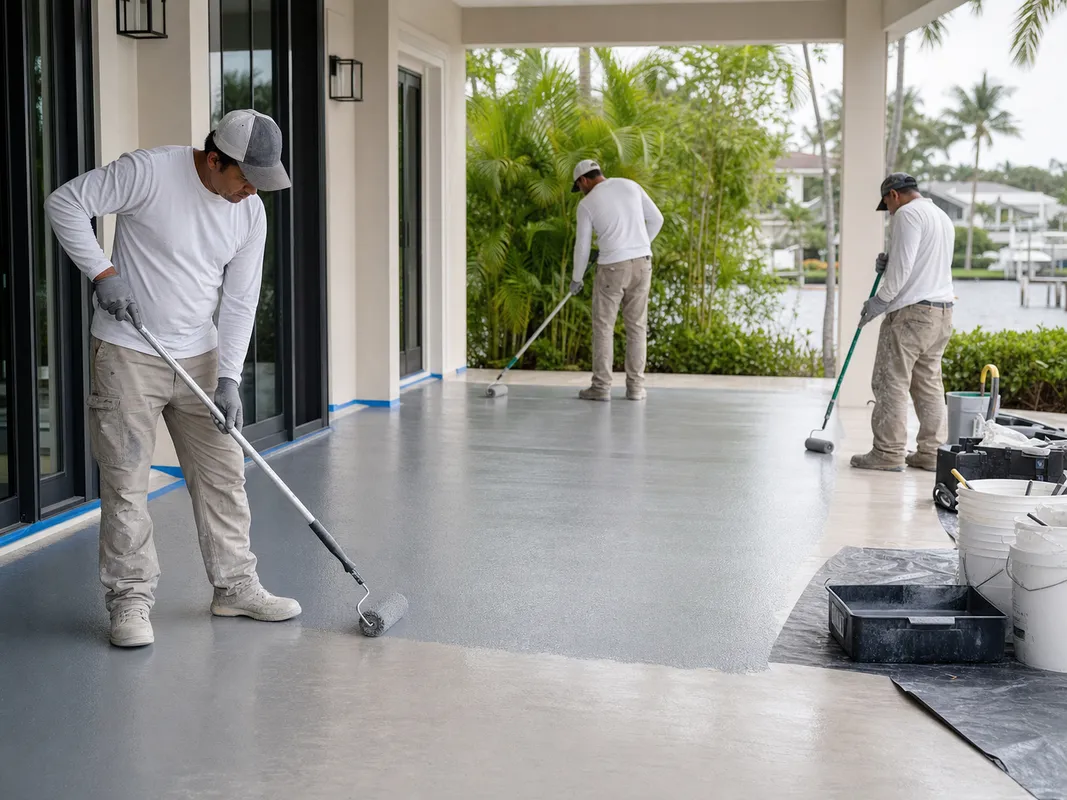 Concrete Decor Pros crew working on decorative concrete for a Terra Ceia, Florida homeowner