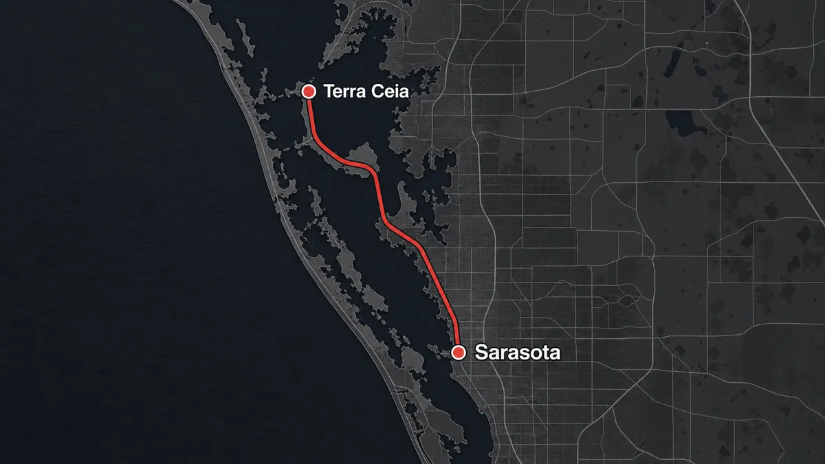 map of Concrete Decor Pros service route from Sarasota to Terra Ceia, Florida