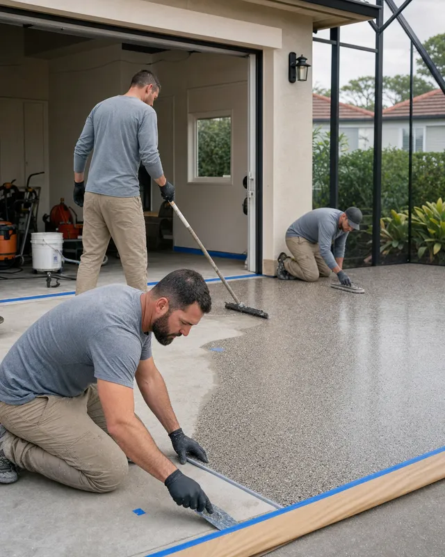 Concrete Decor Pros crew working on decorative concrete for a Venice, Florida homeowner
