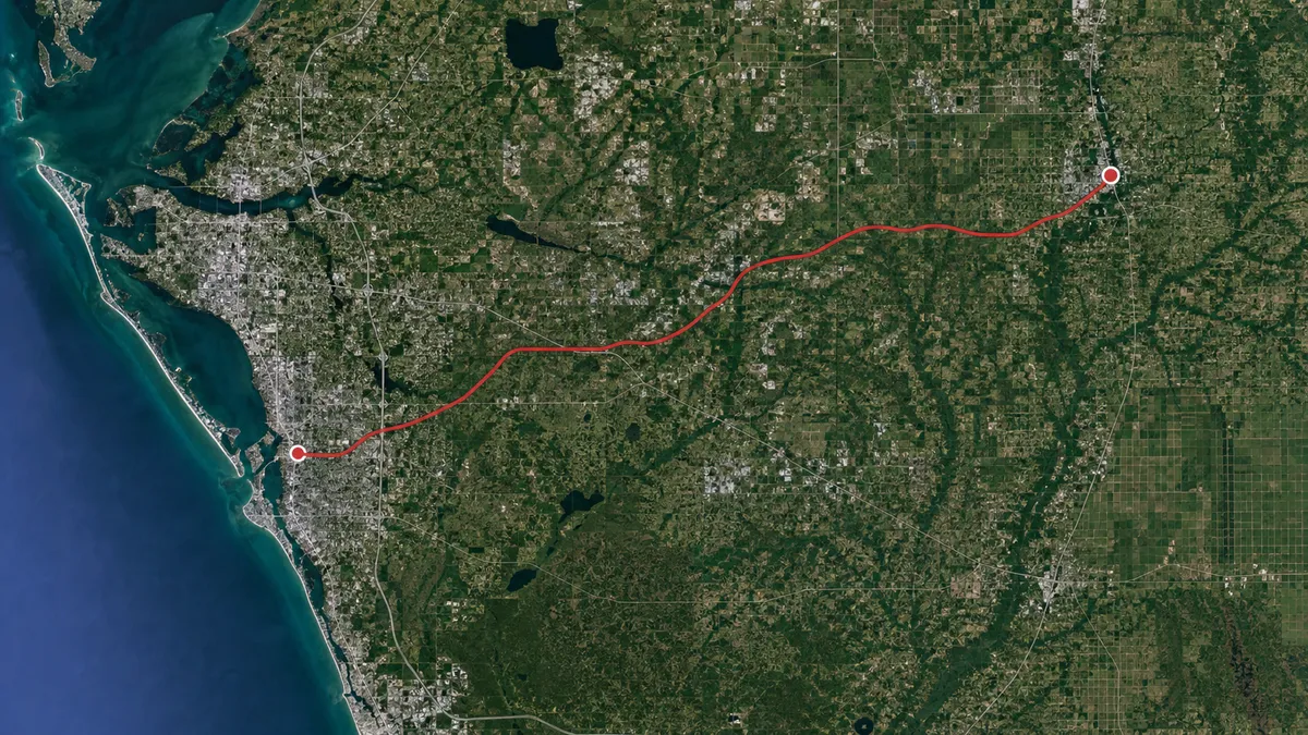 map of Concrete Decor Pros service route from Sarasota to Wauchula, Florida