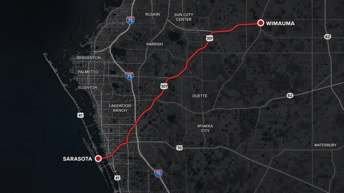 map of Concrete Decor Pros service route from Sarasota to Wimauma, Florida