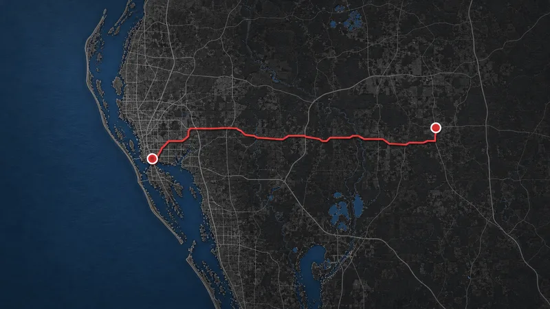 map of Concrete Decor Pros service route from Sarasota to Zolfo Springs, Florida
