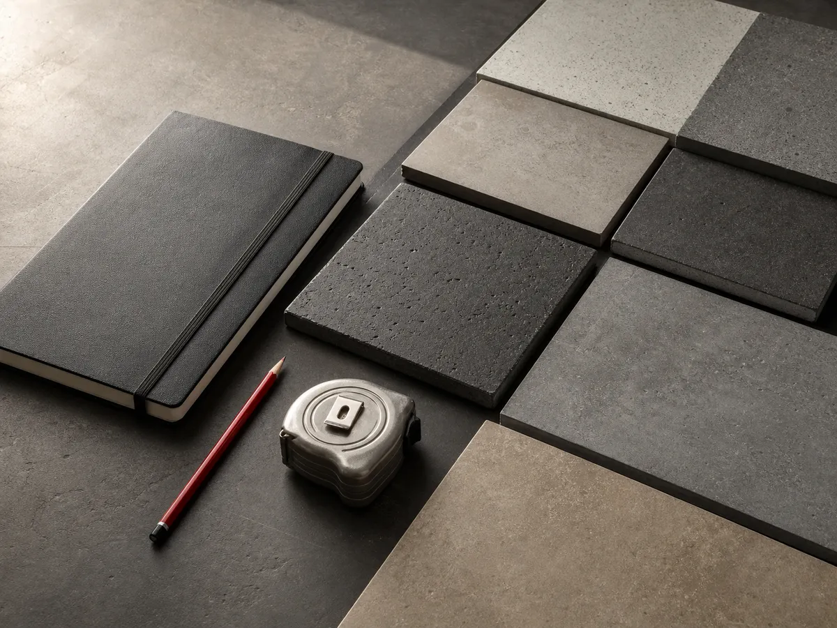 Concrete finish samples arranged beside an unbranded project notebook.